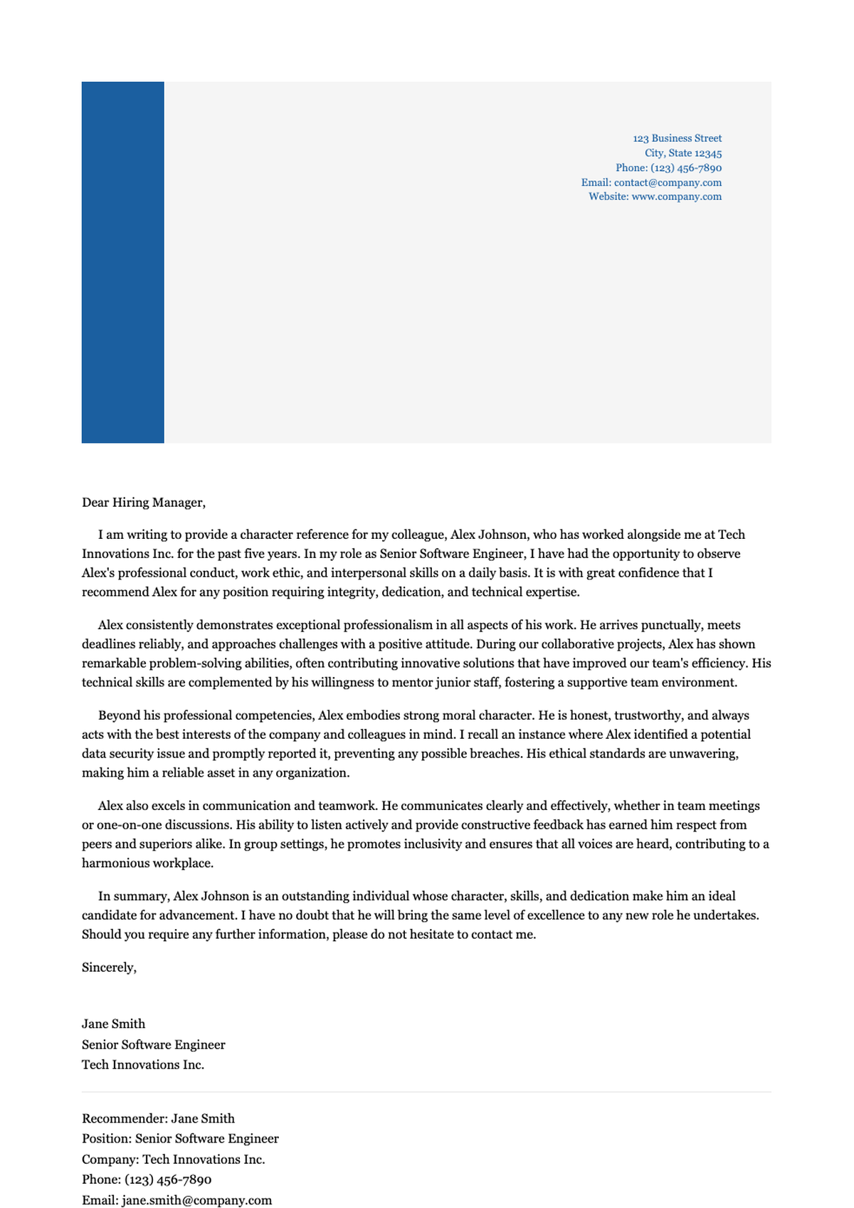 Professional recommendation letter template with blue header and placeholder text_variant_1